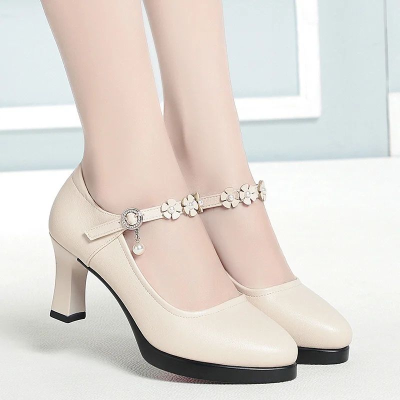 Ankle Strap High Heels Spring Women Pumps Autumn Thick Heel Shoes Platform Mary Jane Soft Leather Party Wedding Shoes