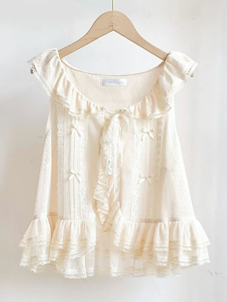 

Lolita Shirt Vests Ruffles Collar Sleeveless Tops Lace Bow Solid Color Blouses Summer All Match Preppy Style 2025 Women Clothing