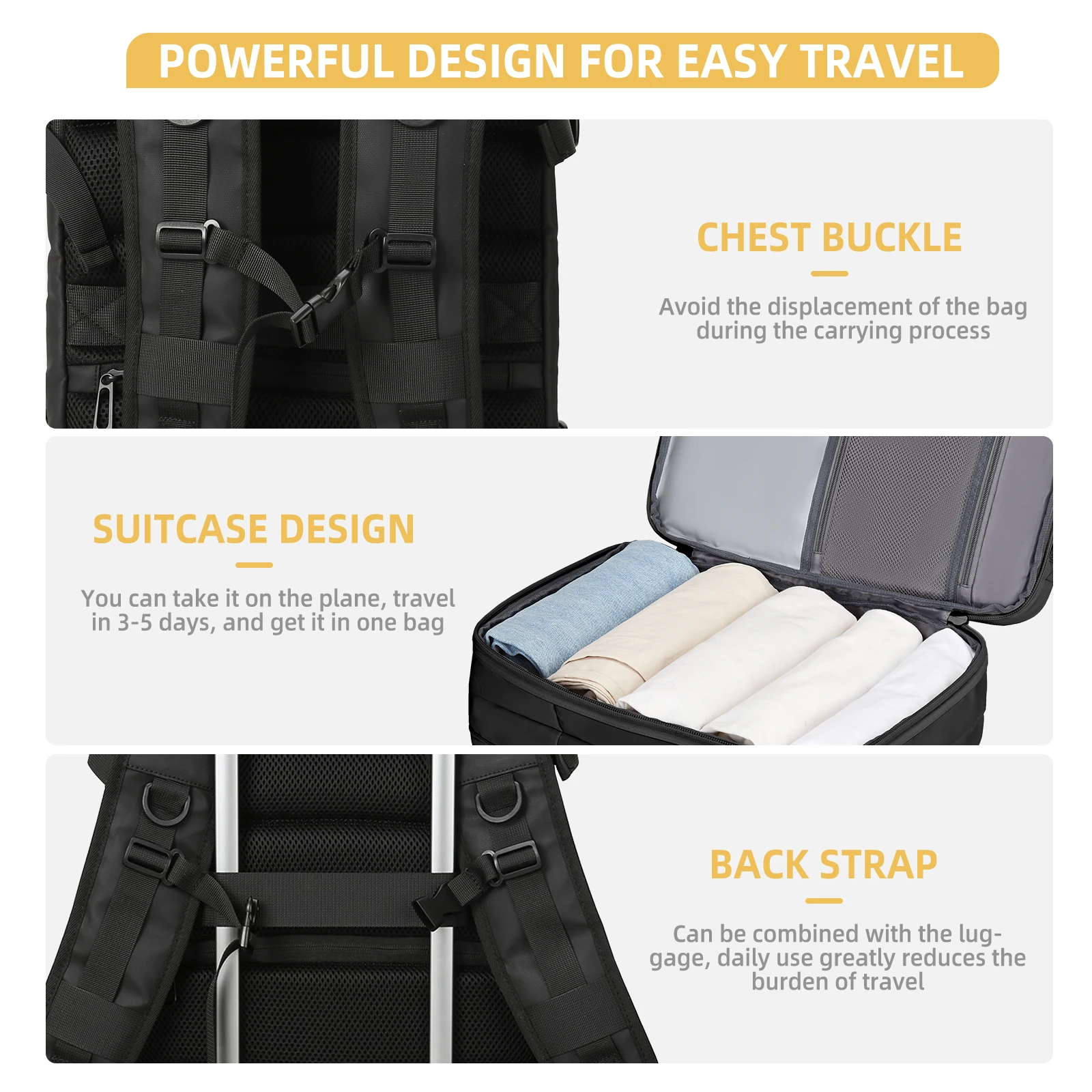 حقيبة ظهر للسفر للرجال والنساء، سعة كبيرة تحمل على حقائب ظهر مقاومة للماء وقابلة للتوسيع وحقيبة كمبيوتر محمول وحقيبة ظهر للأمتعة اليدوية