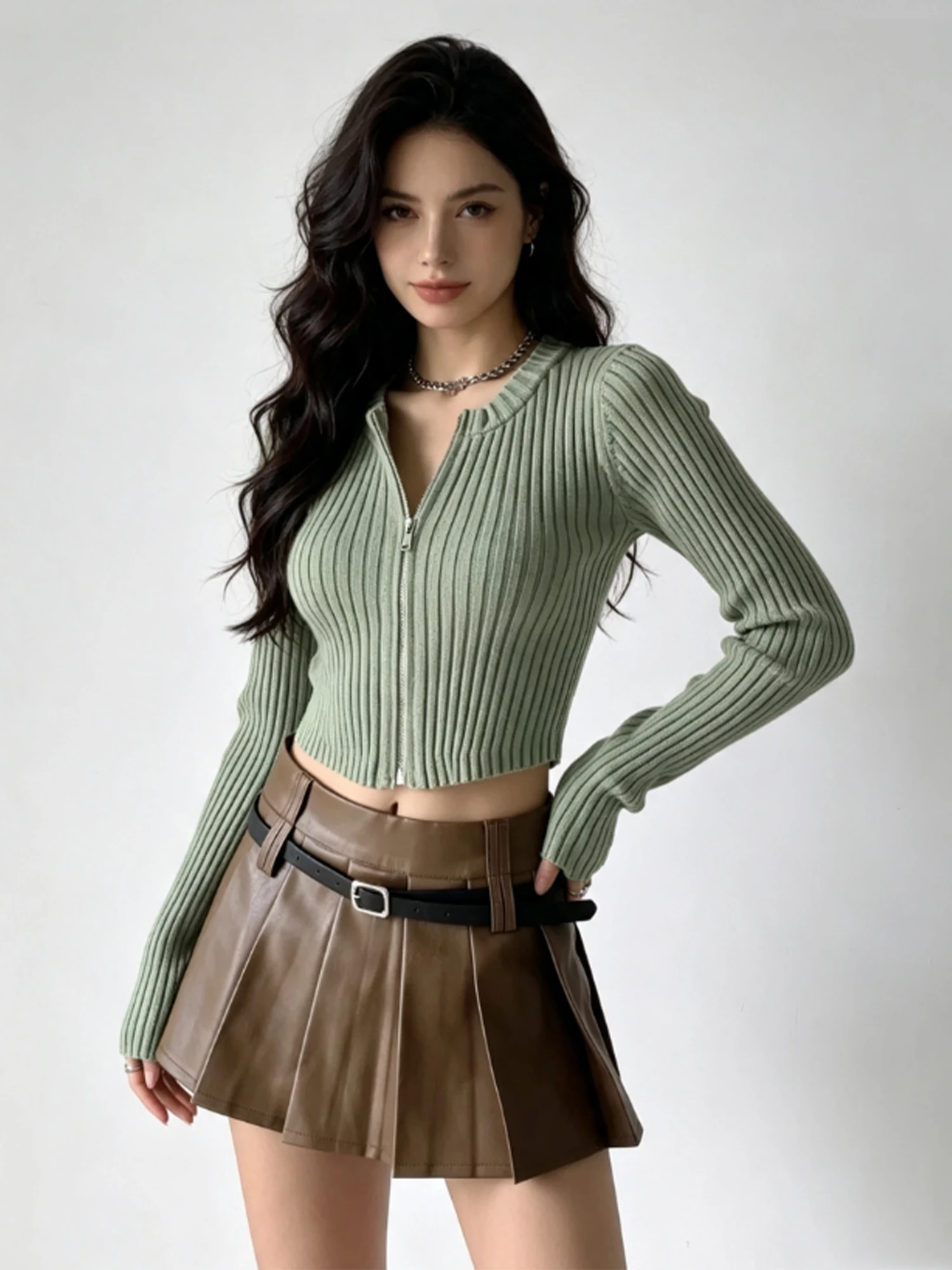 Crop Cardigan Vintage - 여성 그린 카디건 스웨터 Y2k Gyaru