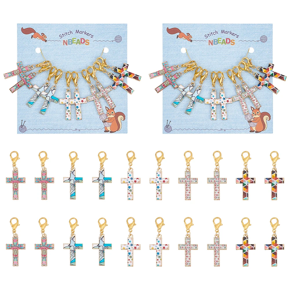 

20PCS Cross Stitch Markers Alloy Enamel Crochet Lobster Clasp Charms Locking Stitch Marker with Wine Glass Charm Ring