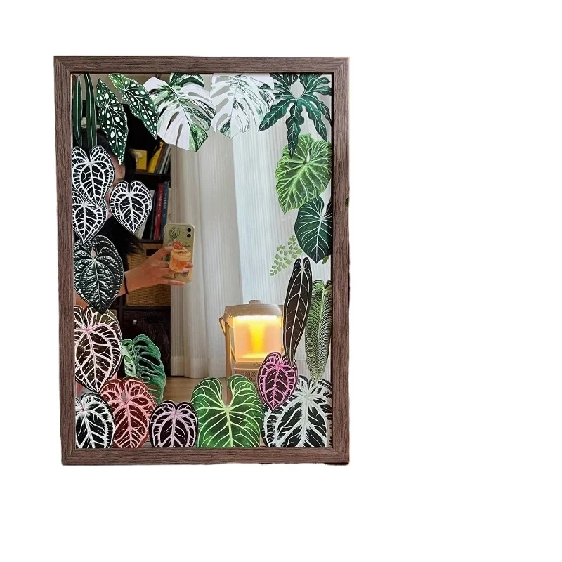 Tropical rainforest, hot plant mirror painting, solid wood frame glass mirror living room modern decorative painting art makeup