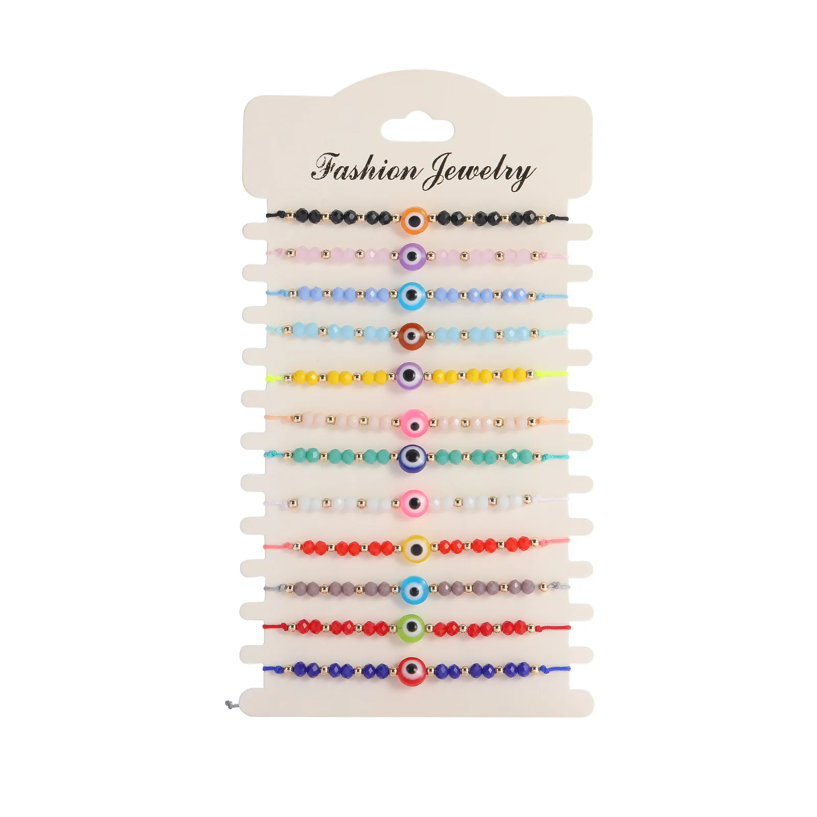 12pcs/Set Wholesale Glass Crystal Round Evil Eye Lucky Bracelet Women Hot Fashion Summer Beach String Braided Jewelry Present