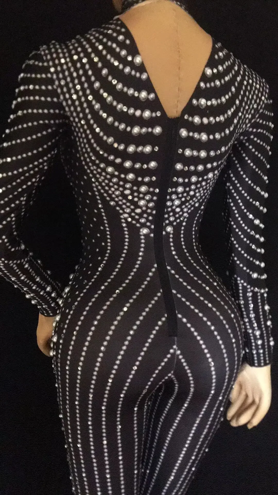 Combinaison de luxe noire à strass pour femmes, Costume de perles, body de danse sur scène, fête, discothèque, Jazz Dj, barboteuse