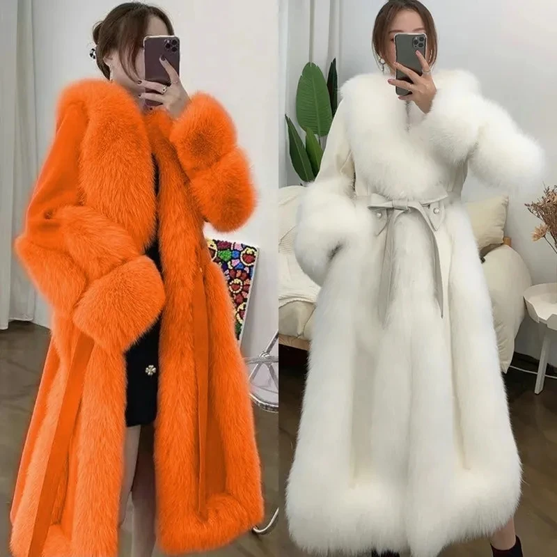 Winter Long Warm Thick Wool Faux Fur Coat Women Fur Collar Scarf Cuff Runway Loose Luxury Designer Clothing Women 2023 Fashion