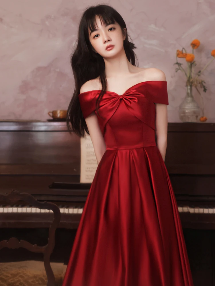 

Red ort Wedding Dr Women's Engagement Gown Faionable Midi Skirt Strapl One oulder Bow Tie A-Line Skirt Dr