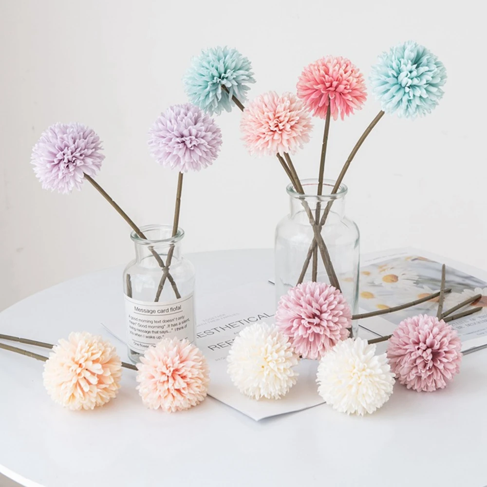 Artificial Chrysanthemum Ball Flowers Hydrangea Bouquet Single Long Stem for Home Office Party Wedding Decorations Photo Props