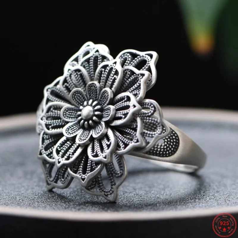 Real S925 Sterling Silver Rings for Women New Fashion Hollow Big Flower Earrings Pendants Vintage Argentum Jewelry Wholesale