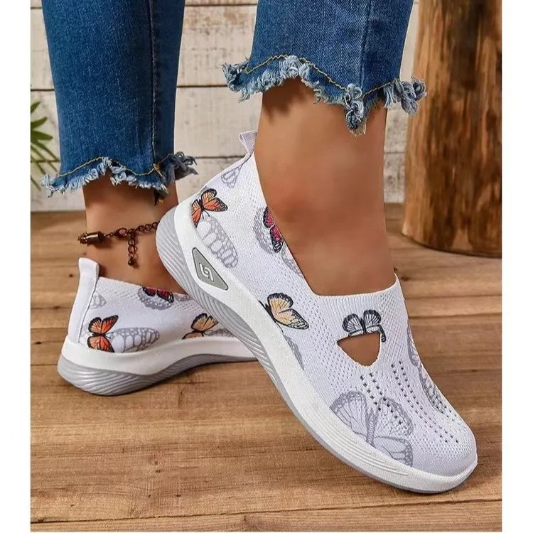 Damskie trampki2024 New Flower Print Butterfly Women Mesh Shoes Wygodne, oddychające buty na platformie Białe trampki damskie