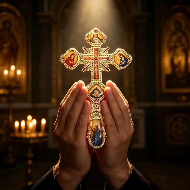 New Orthodox Golgotha Hand Cross Gold Icon Jesus Mary Saints Red Pearls Church Liturgical Blessing Byzantine Christian BGift