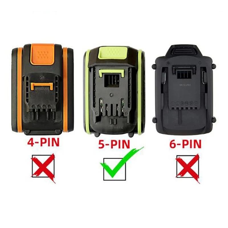 Adapter LED Light Lamp Flashlight Torch USB Mobile Phone Charger For Worx Green Wide 5 Pin Socket 18V 20V Li- Battery