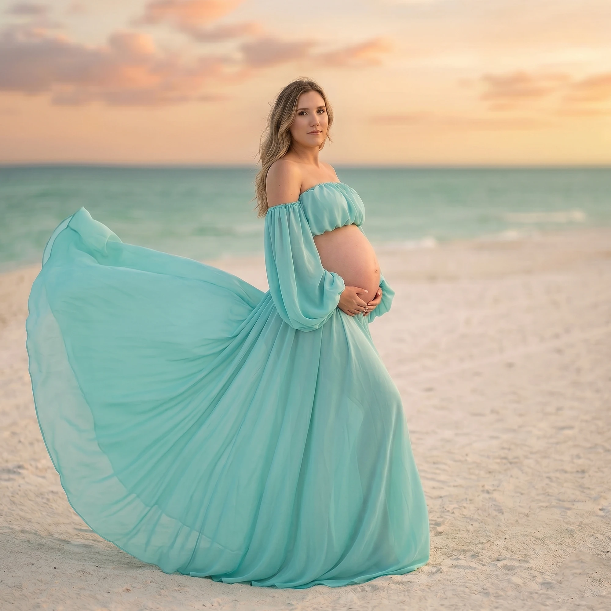 Don&Judy Solid Mint Green Two-Piece Dress with Off-the-Shoulder Puff Sleeve Top and Flowy Chiffon Skirt Maternity Photoshoot
