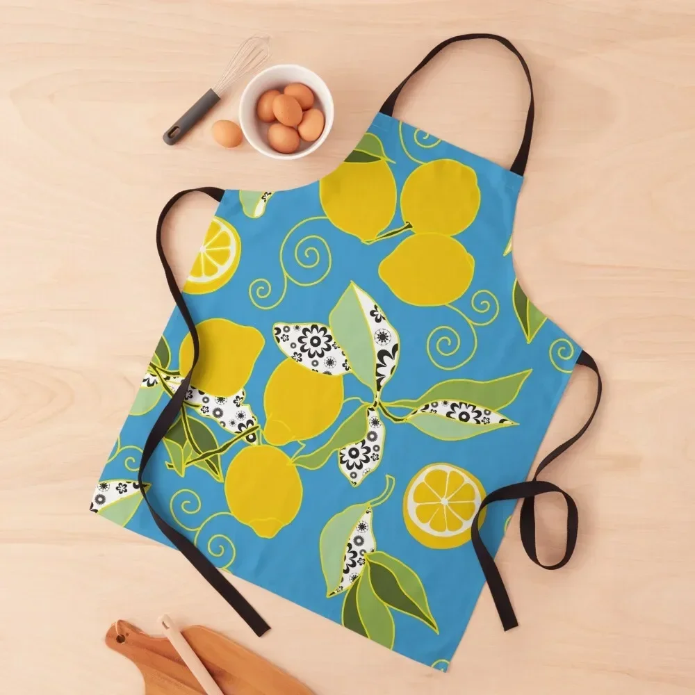 

Luscious Yellow Lemons with Sky Blue Background Apron restaurant accessories women's kitchens Woman Work Apron