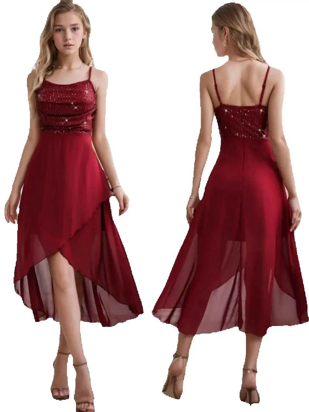 

Sexy Retro Sequined Chiffon Mid Length High Low Prom Cocktail Party Dress Bungundy