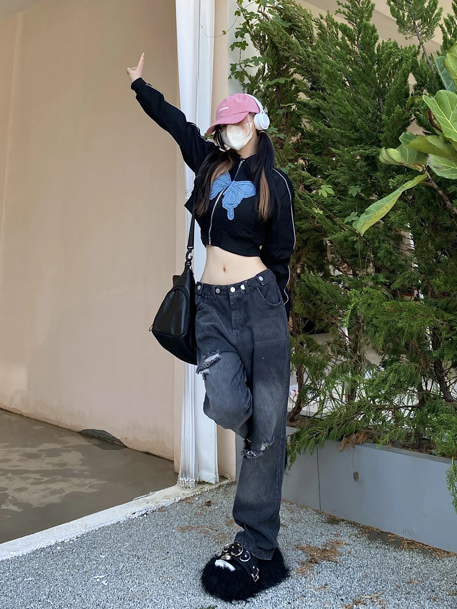 

Джинсы Curry Sle High Street свободного кроя, женские повседневные широкие брюки из рваного денима, осенняя мода, с высокой талией на молнии