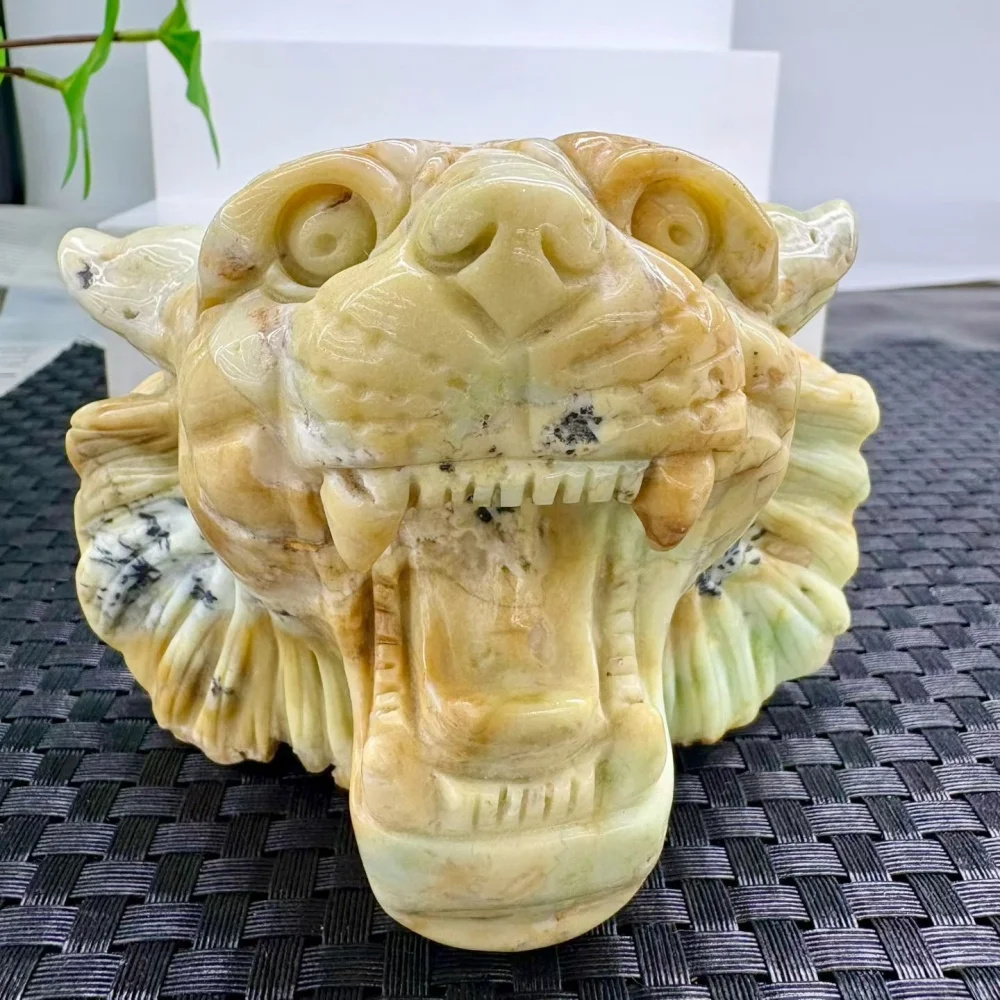 Natural Amazonite Tiger Head Figurine Hand Carved Crystal Animal Skull Statue Reiki Healing Stone Desktop Decor Ornament Gift