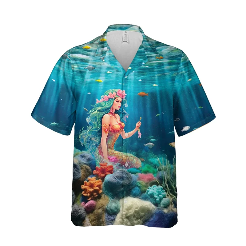 

Lovely Mermaid 3D Print Hawaiian Beach Shirts For Men Clothes Sexy Sea Maiden Short Sleeve Casual Women Blouses Button Aloha Top