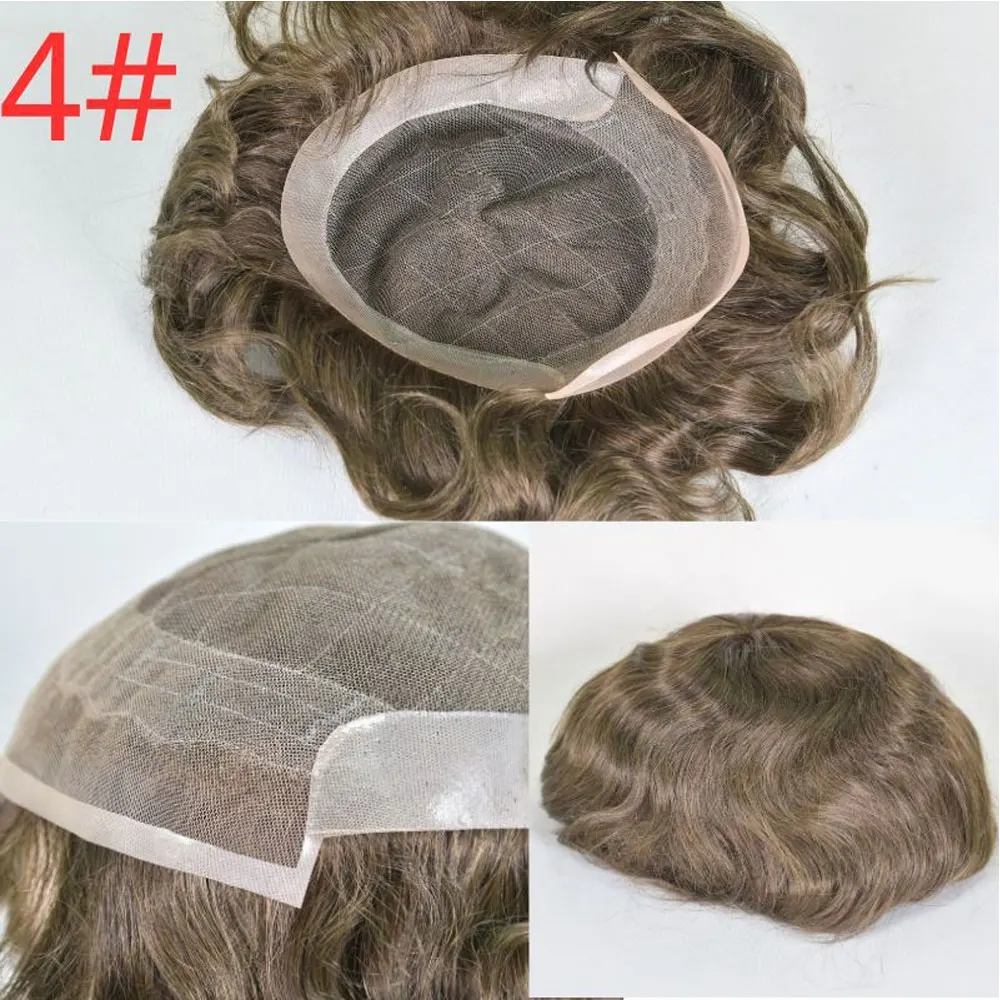 French Lace Men's Human Hair Toupee PU Thin Skin Base Natural Hairline Middle Brown 7x9 Invisible Hair System for Bald Men Daily