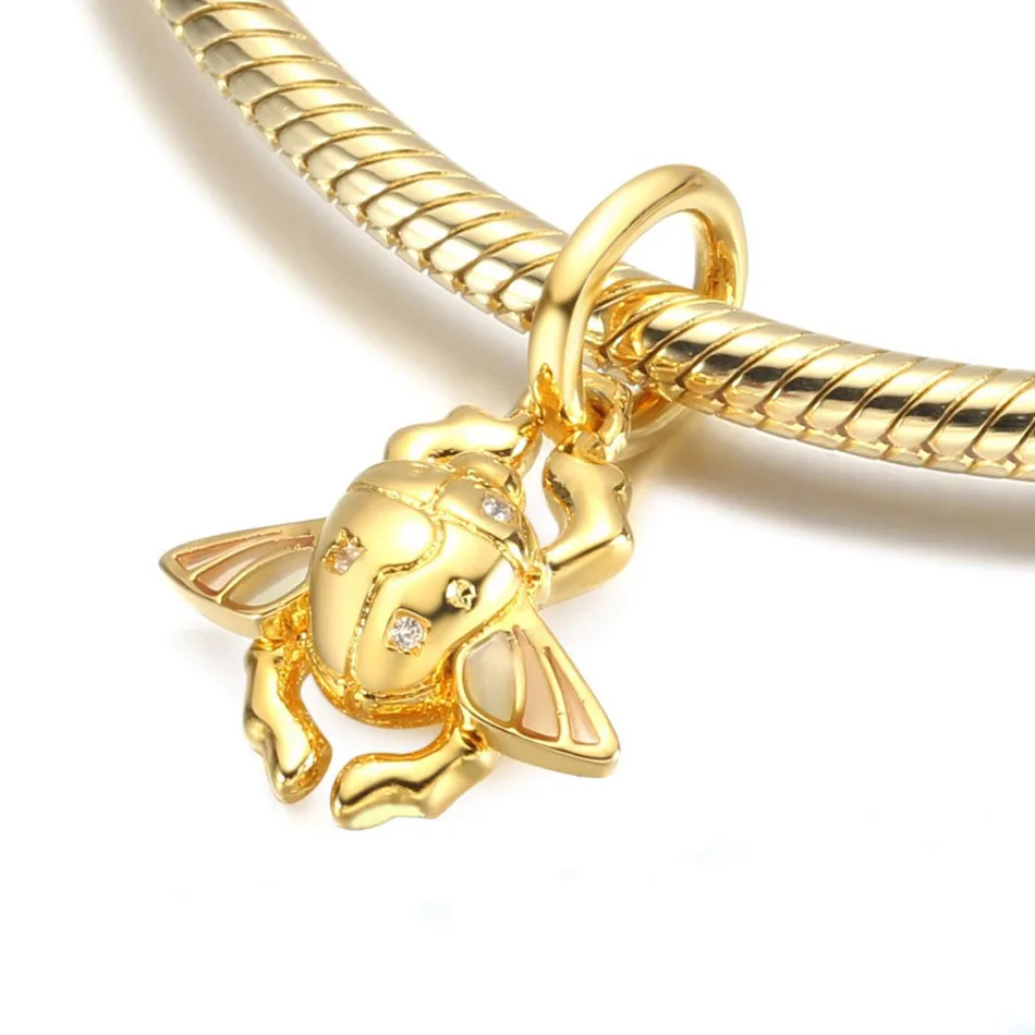 Gold Colour Scarab Dangle Charm Fit Women Bracelet Bangle DIY Jewelry Authentic S925 Silver Insect Pendant Bead Girl Gift