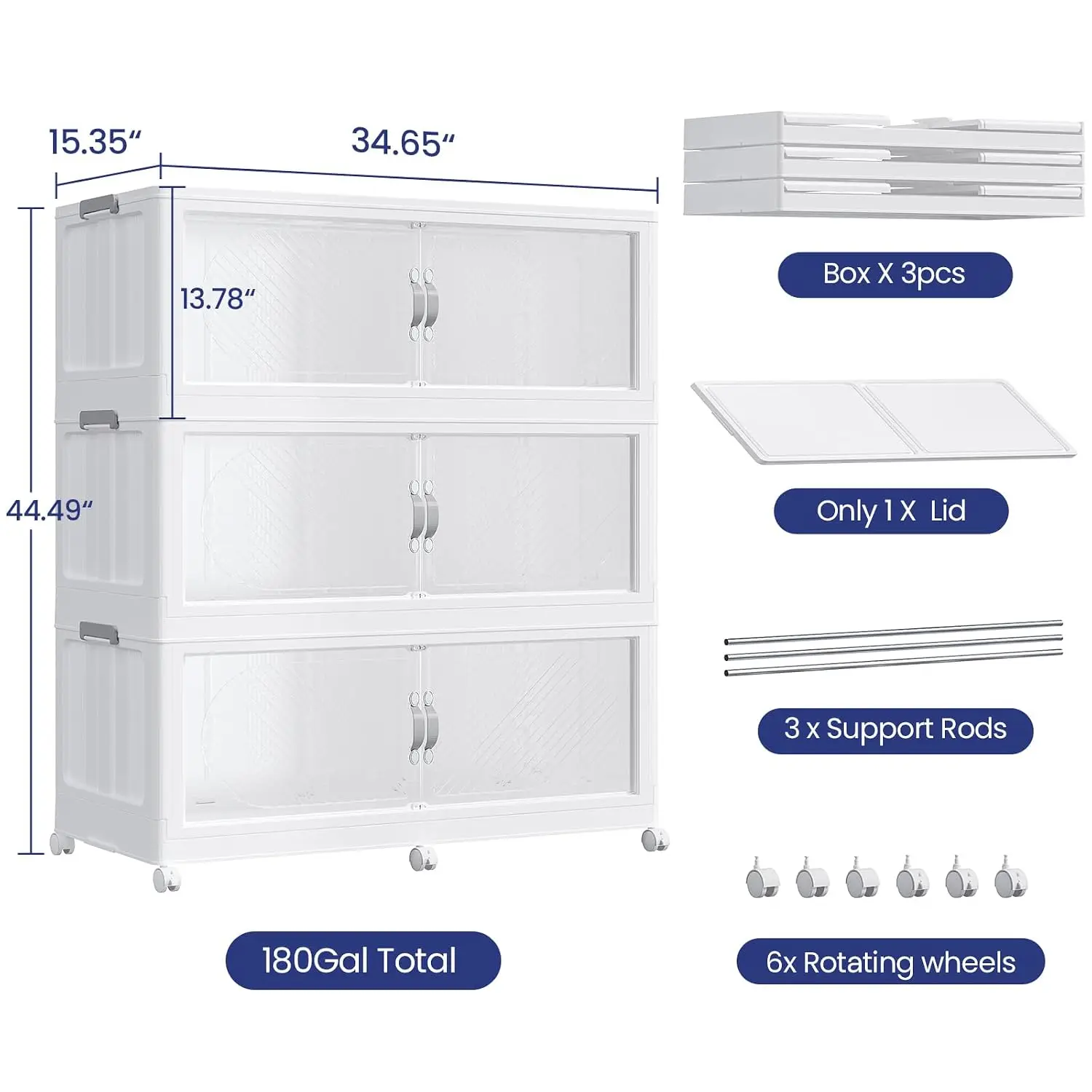 180Gal Stackable Storage Bins with Lid, Collapsible Organizer with Wheels for Living Room Kitchen Office, Customized