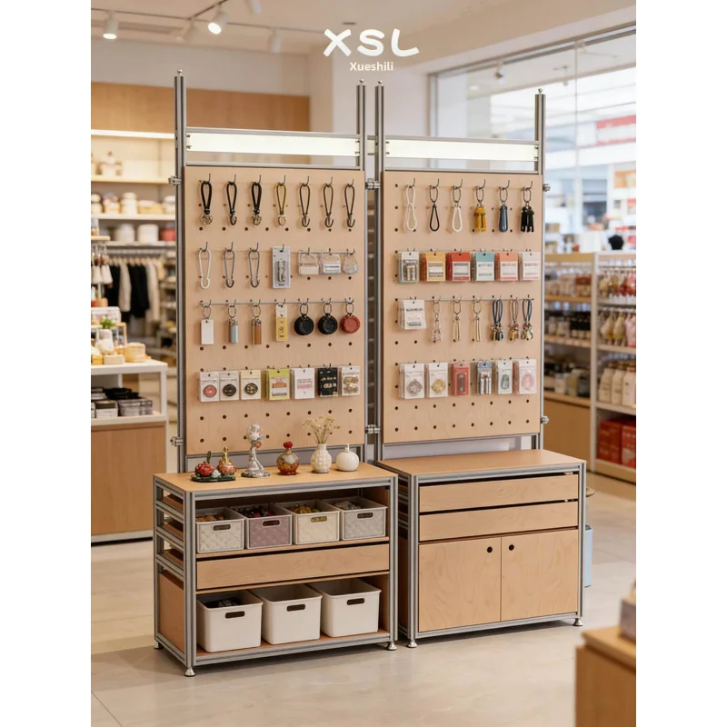 custom.Simple Solid Wood L-Shape Adjustable Height Display Cabinet Aluminum Profile Multi-function Perforated Board