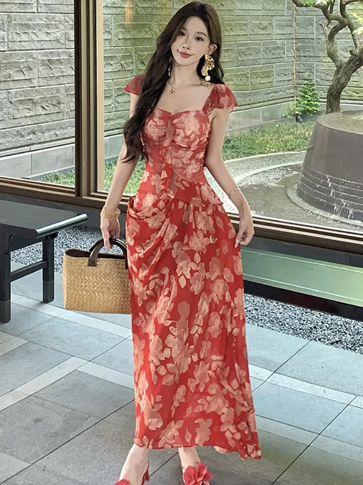 

Summer Red Floral Chiffon Square Collar Sexy Long Dress Women Elegant Luxury Holiday Dress 2025 Korean Fashion Bodycon Vestidos
