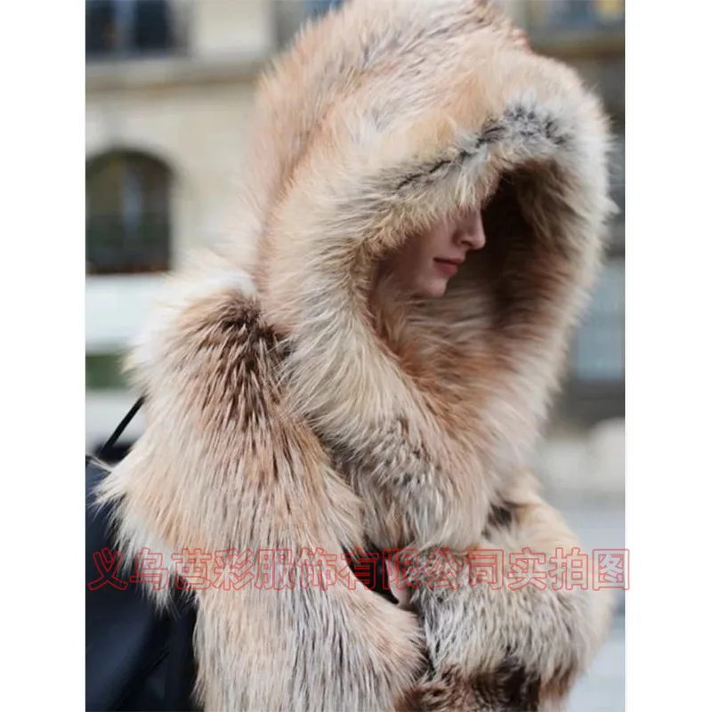 Europe and The United States Cross-border Coat Women's Coat Winter Gradual Change Imitation Fur Coat Women's Hot Fur Jacket Hood