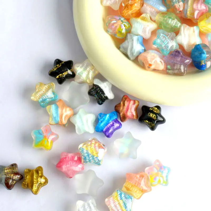 10pcs Oil Painting Style Star Acrylic Beads DIY Handmade Through-Hole Colored Gilded Star Making for Hand Chain Keychain Pendant