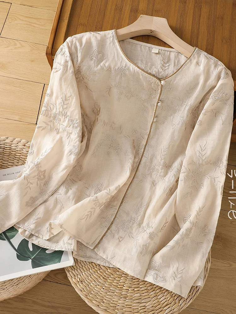 Ele Heavy Embroidery Cotton Linen irt Women's Spring Summer New Chinese Sle National Faion Button up Top