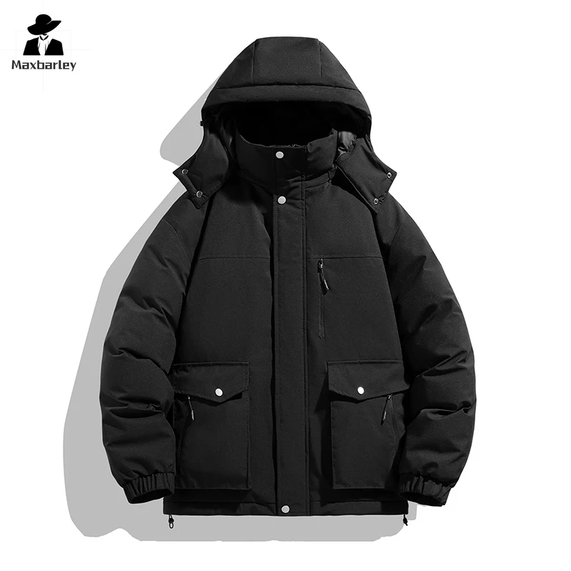 

Winter Black Gold Warm Jacket Men's Casual Splicing Style Thickened Detachable Hat Parka Women Ski Windproof Multi-Pocket Coat