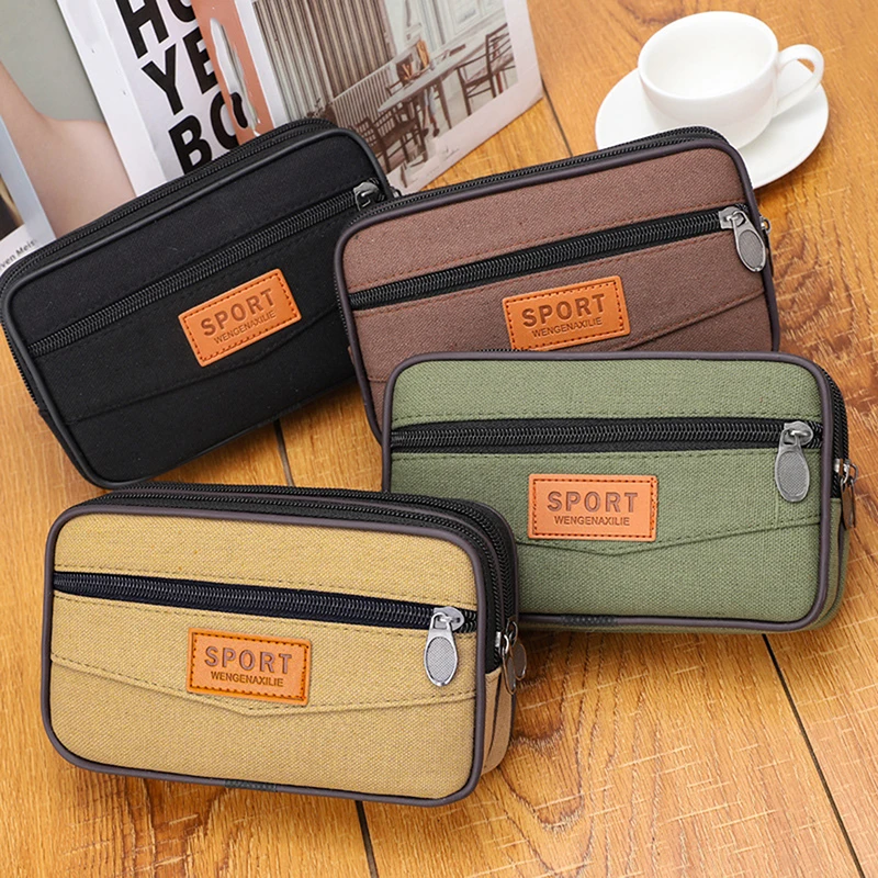 

Outdoor Men Fanny Waist Bag Coin Short Purse Leather Canvas Male Zipper Small Casual Phone Bag Lightweight Purse Belt Bum Pouch