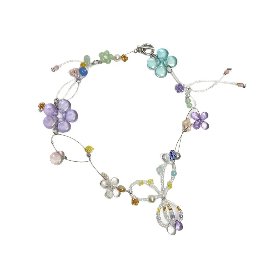 

Mori fresh flower necklace, glazed crystal bow collarbone chain