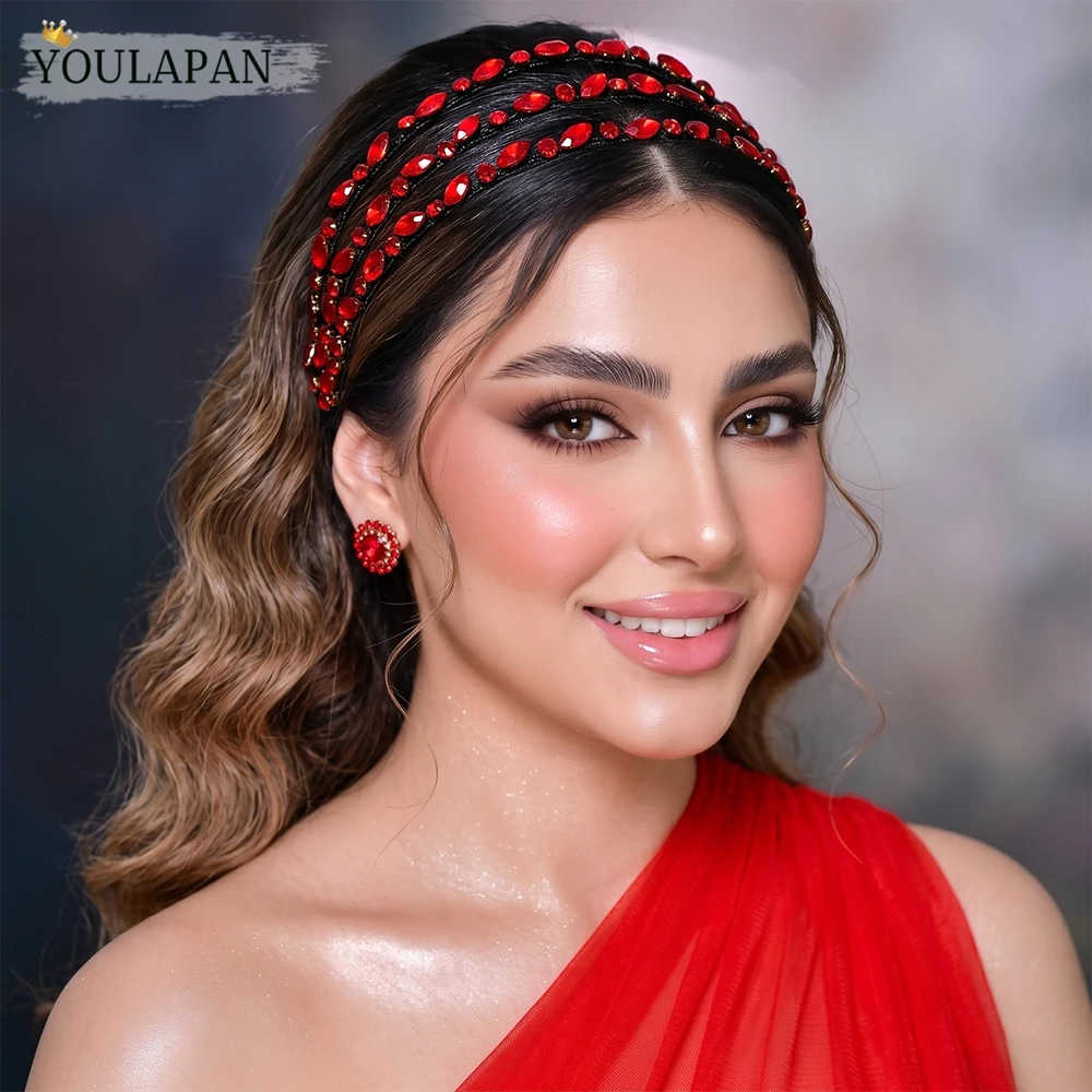 YouLaPan Trendy Red Color Rhinestone Bride Headband Multiple Layers Handmade Hair Accessories For Wedding Party HP579