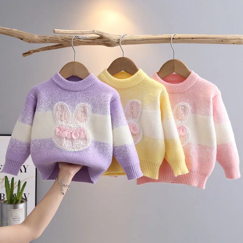 

Little Girl Mix Color Sweater Cute Rabbit Pattern Long Sleeve Round Neck Chunky Knitwear Fall Winter Bunny Pullover Tops HY09131