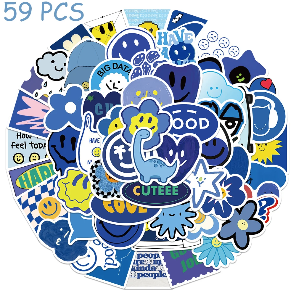 59pcs Blue Smiling Face Stickers Cartoon Graffiti Decals For Notebook Laptop Luggage Refrigerator Skateboard Waterproof Stickers