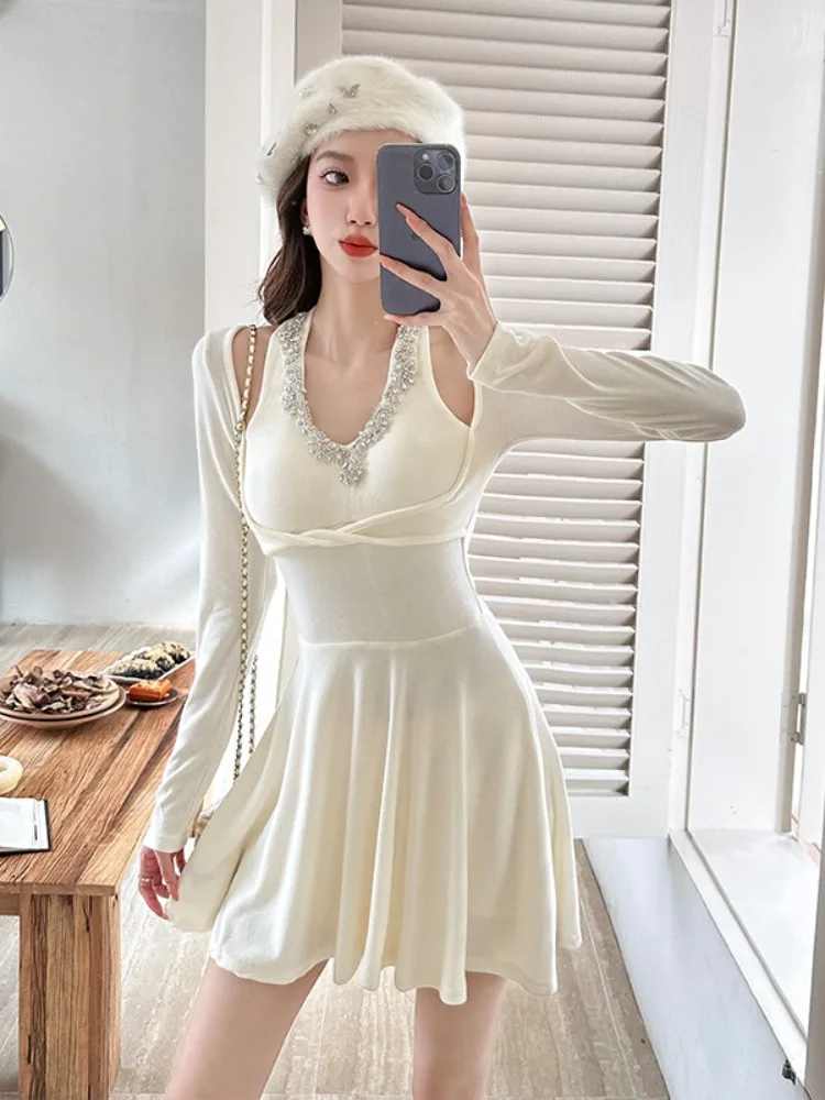 

Sexy Hang Ne Diamond Embellied Heavy Work Waist Cinching ort Dr Women's Slimming Dr Autumn Winter Faion