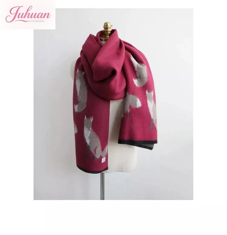 Japanese Autumn Winter Women's New Scarf Retro Fox Thickened Warm Simple Versatile Imitation Cashmere Dual-purpose Shawl Female
