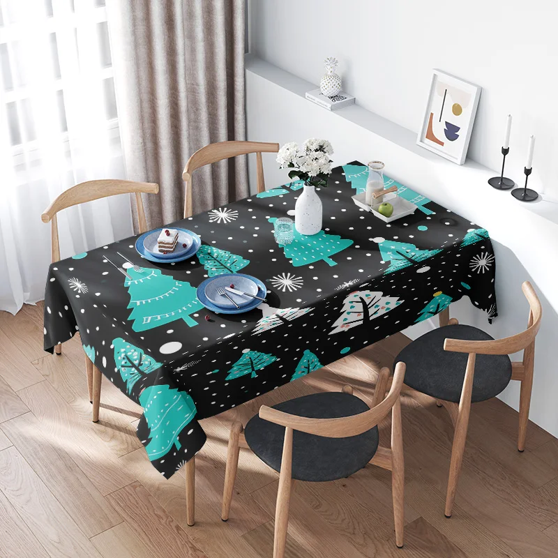 

Charming Christmas Trees Floral Tablecloth for Dining Room Decor Black, Blue White Printed Fabric Wall Hanging Decoration 70x132