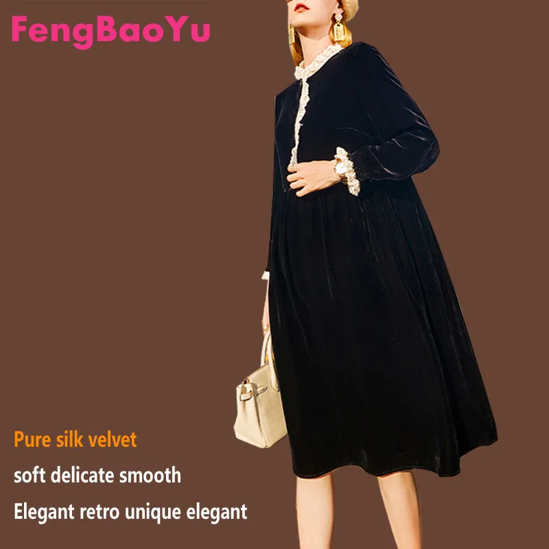 Fengbaoyu Velvet Nine-cent-sleeved Round-collar Dress Medium-long Autumn Winter Women's Formal Dresses with Lotus Leaf Edge 3XL