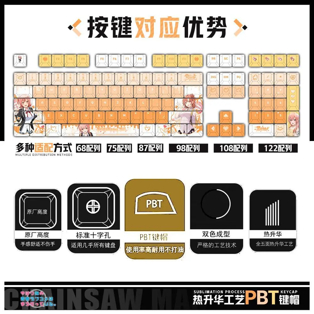 122 Keys My Teen Romantic Comedy SNAFU Keycaps AnimeChreey 2D PBT Transparent Key Caps for Made68 Wooting 60 Mechanical Keyboard