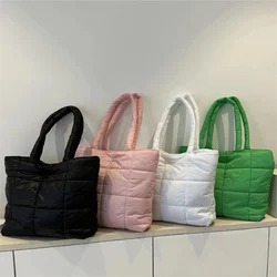 Quilted Puffer Tote Bag for Women Cotton Down Padded Shoulder Bag Winter Puffy Shopper Handbag Large Capacity Top Handle Bag