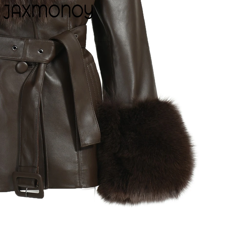 Jaxmonoy-Chaqueta de piel de zorro Real para mujer, abrigo de piel de oveja con cuello y puños, gabardina con cinturón, abrigos de moda para primavera y otoño