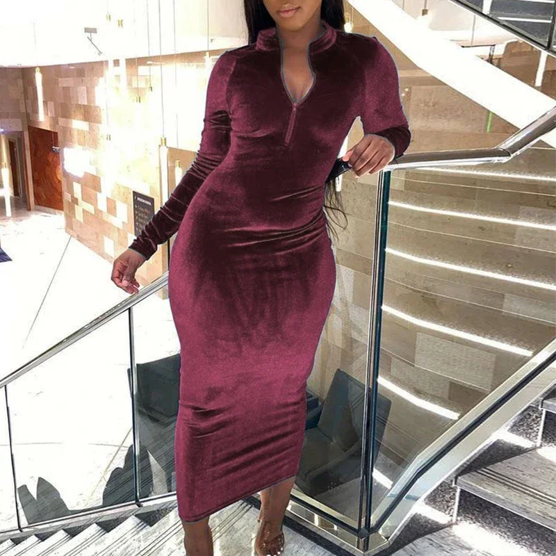 

Autumn Winter Velvet Sexy Dress Vintage Zipper V-Neck Solid Dresses For Women Party Elegant Bodycon Vestidos Femme Robe Hiver