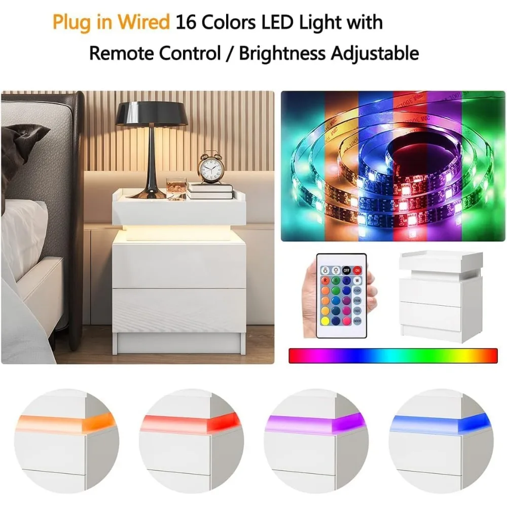 Modern LED Nightstand Set - 2 Drawers High Gloss White Bedside Table with Smart Tabletop Lighting, Contemporary Nightstands for