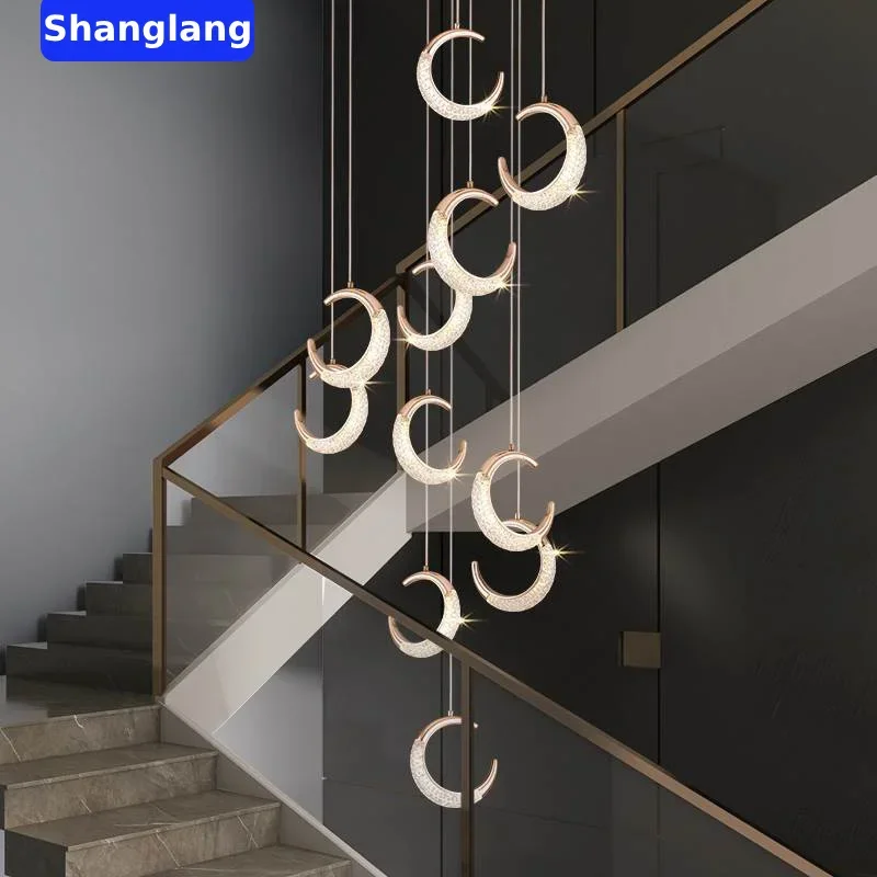 

Morden LED Stair Long Chandelier Living Room Duplex Floor Restaurant Stainless Steel Golden Crystal Hanging Lamp Home Lighting