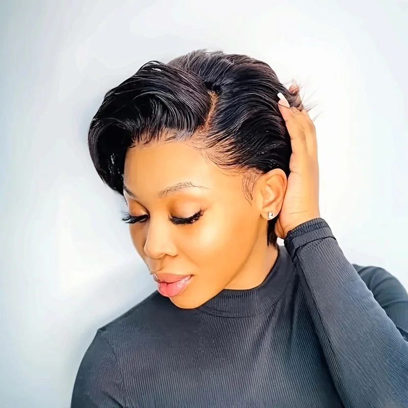 

Парик из натуральных волос с стрижкой пикси для женщин, 13x4, кружевной фронтальный парик с плотностью 150%, бесклеевой парик с боковой частью и челкой, короткий многослойный парик