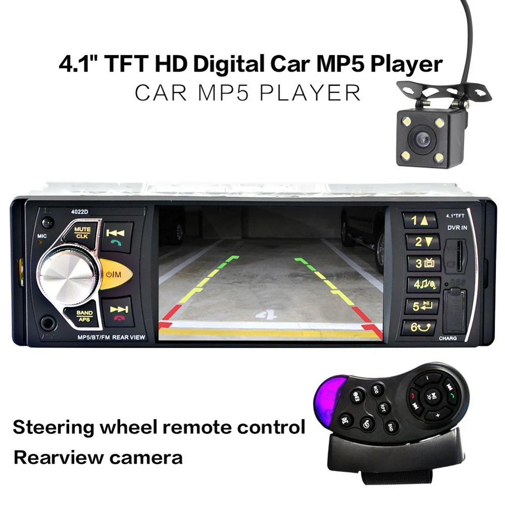 Car HD 4.1Inch Bluetooth MP5 Player Reversing Screen Radio Player Universal 4022D+Steering Wheel Remote+Reversing