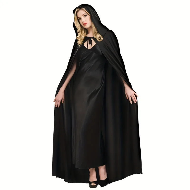 Purim Cosplay Cloak Witch Long Cape Costume Soft Unisex Hooded Black Robe Prop Halloween Masquerad Party for Man Woman