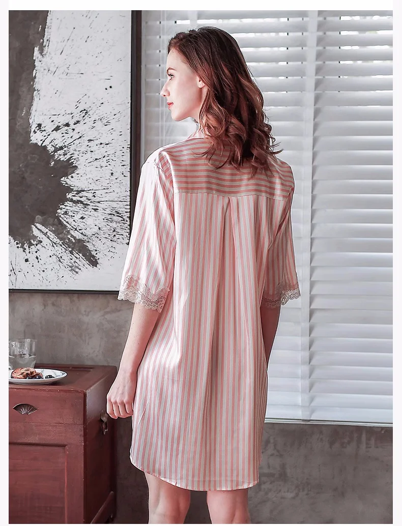 100% Silk Stripe Nightshirt for Women Female Lace Trim Nightgown Pocket Design Loose Sleepshirt Night Dress Lady Silk Sleepwear