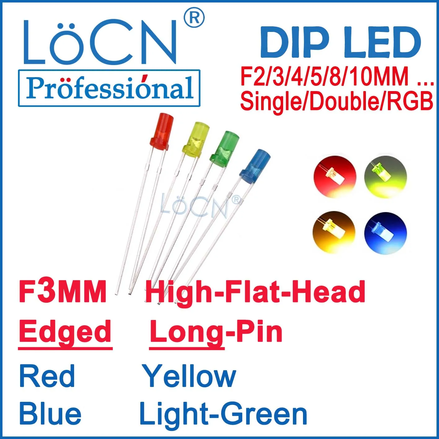 LoCN 1000pcs DIP LED Diodes 3MM F3 High Flat Head Top with Edged Red Blue Yellow Light Green Long Pins Show Colors pilot lamp